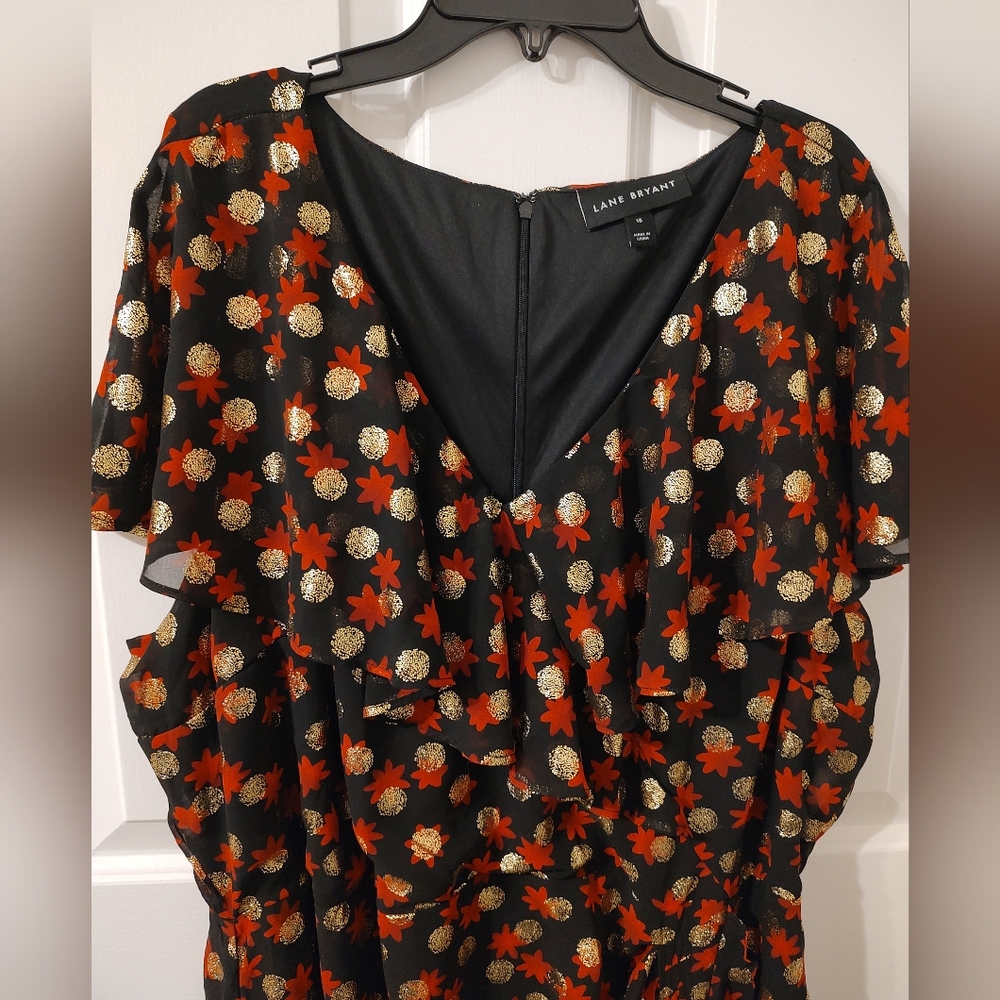 Lane Bryant Black Midi Dress with Red and Gold Design Size 18